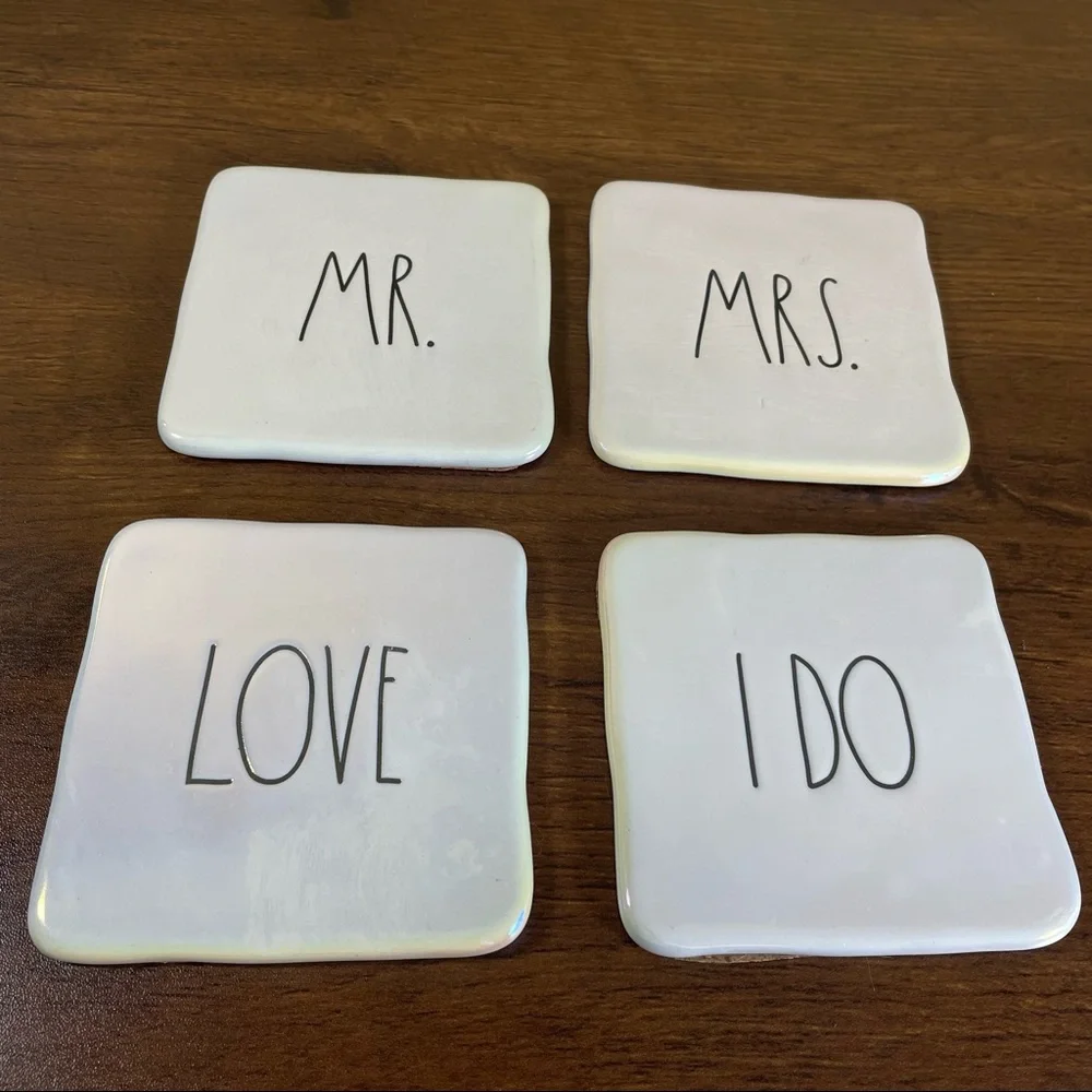 Rae Dunn Ceramic Coasters Cream with Black Letting Mr Mrs I Do Love Set of 4 - Picture 1 of 6